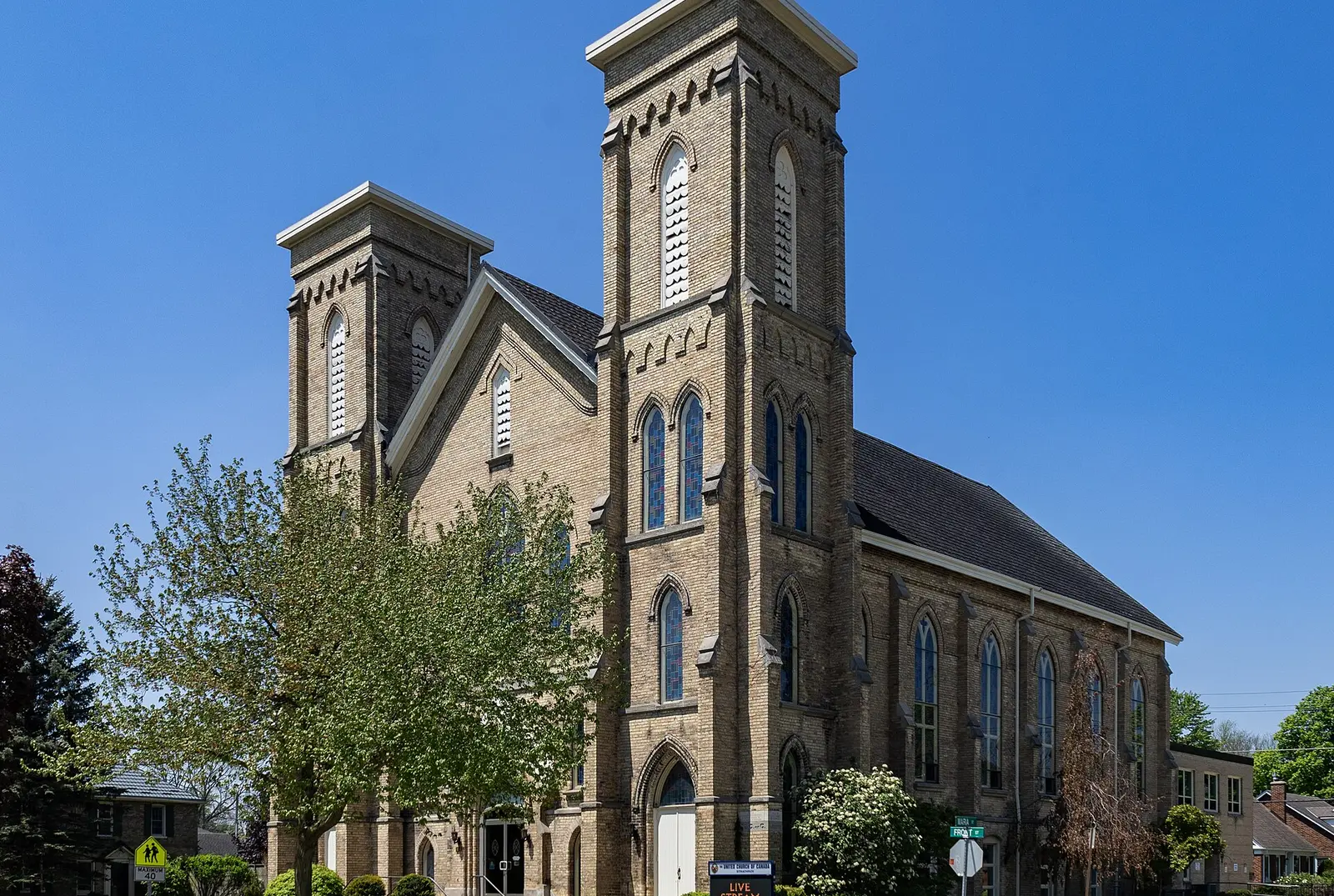 Strathroy United Church against a blue sky