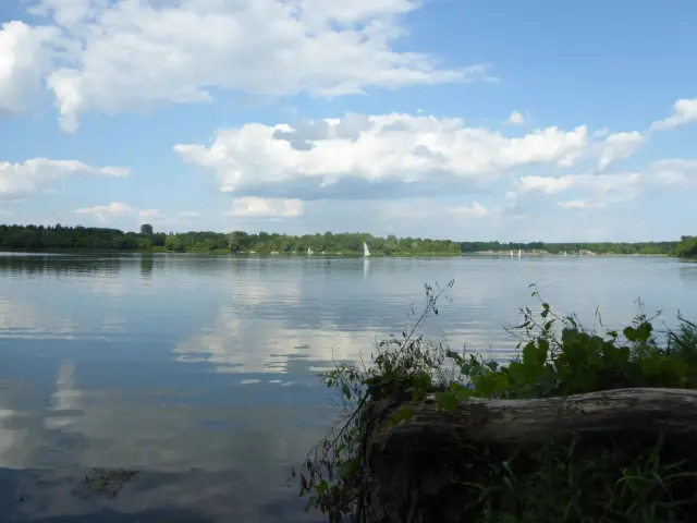 Fanshawe Lake on a summer day, with sailboats far off and clouds reflected in the water