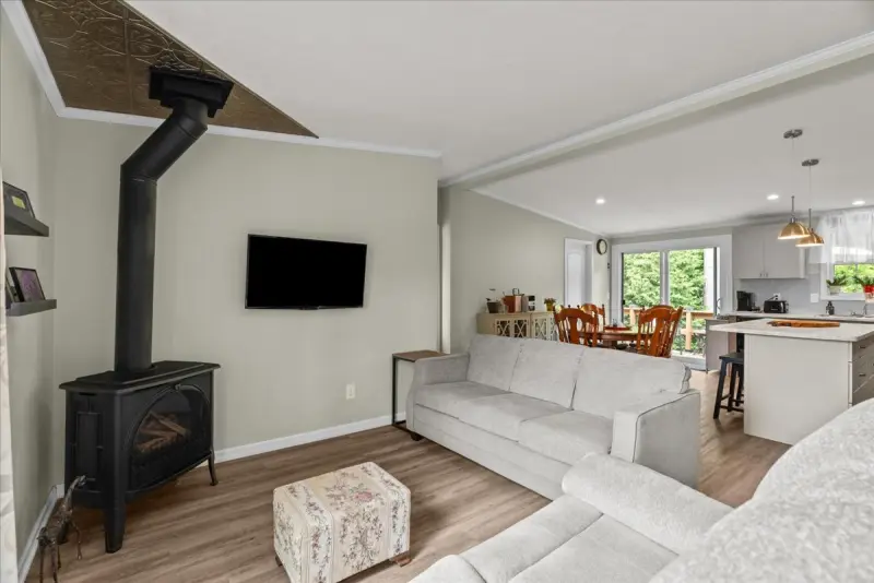 Living room with the freestanding gas fireplace
