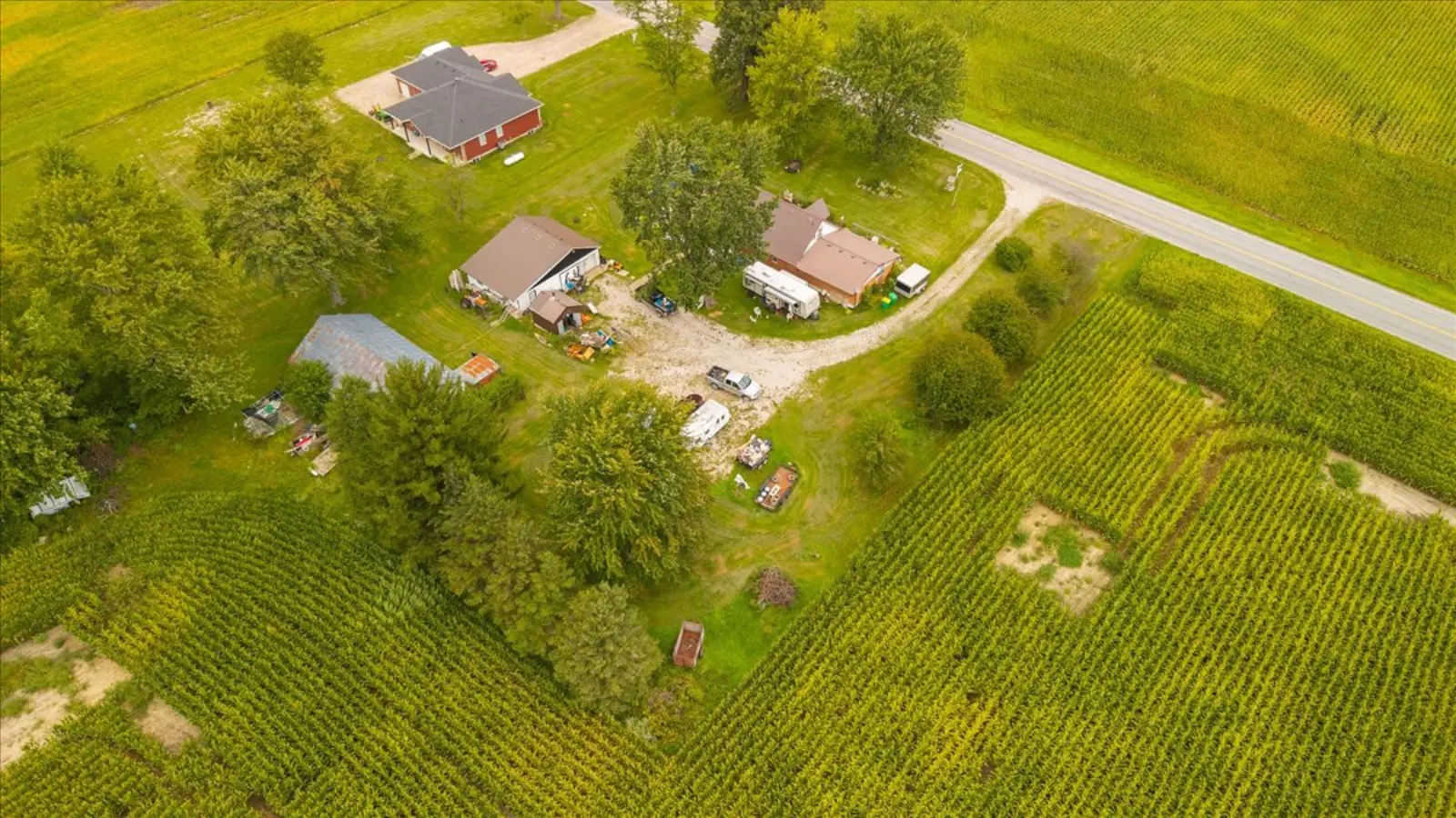 The property from the air with trees around the buildings