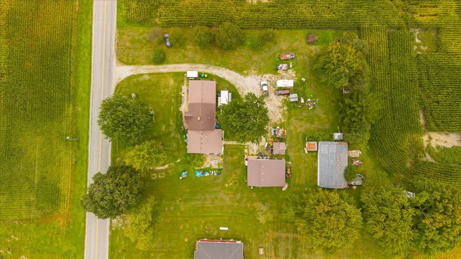 Looking straight down on the house and outbuildings