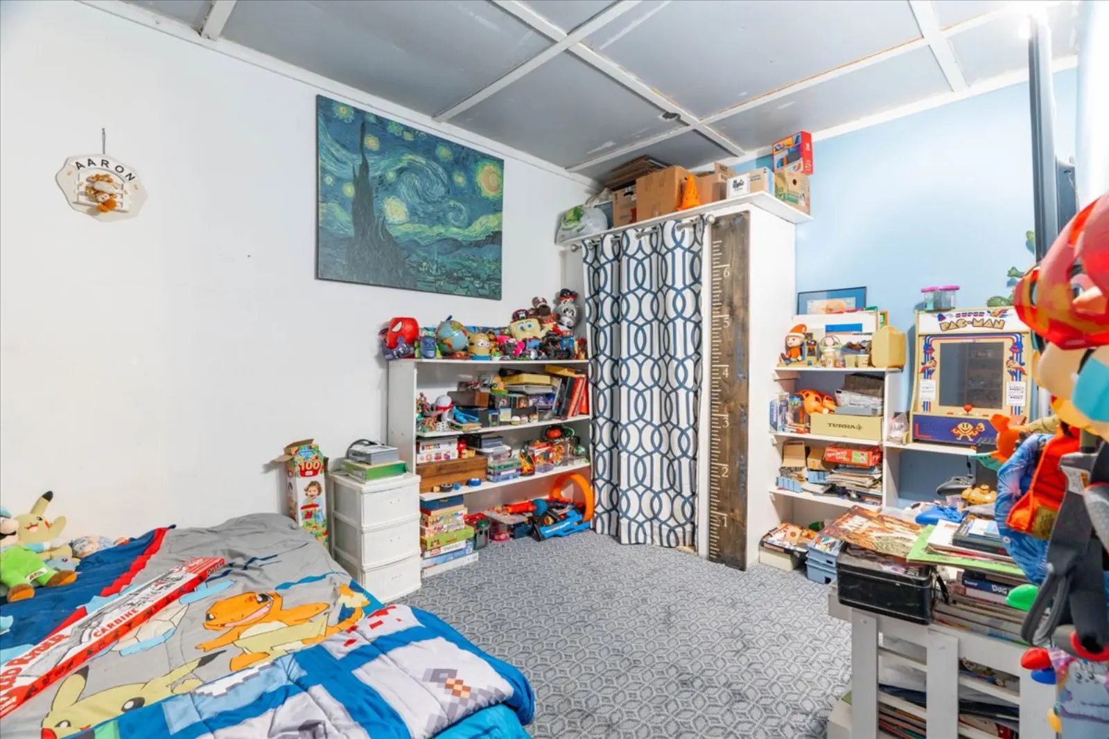 Room with blue walls and shelving
