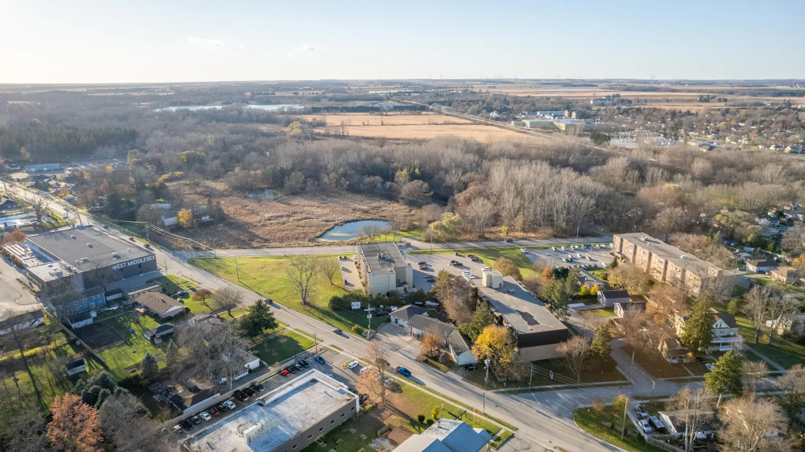 Wide aerial view of the area