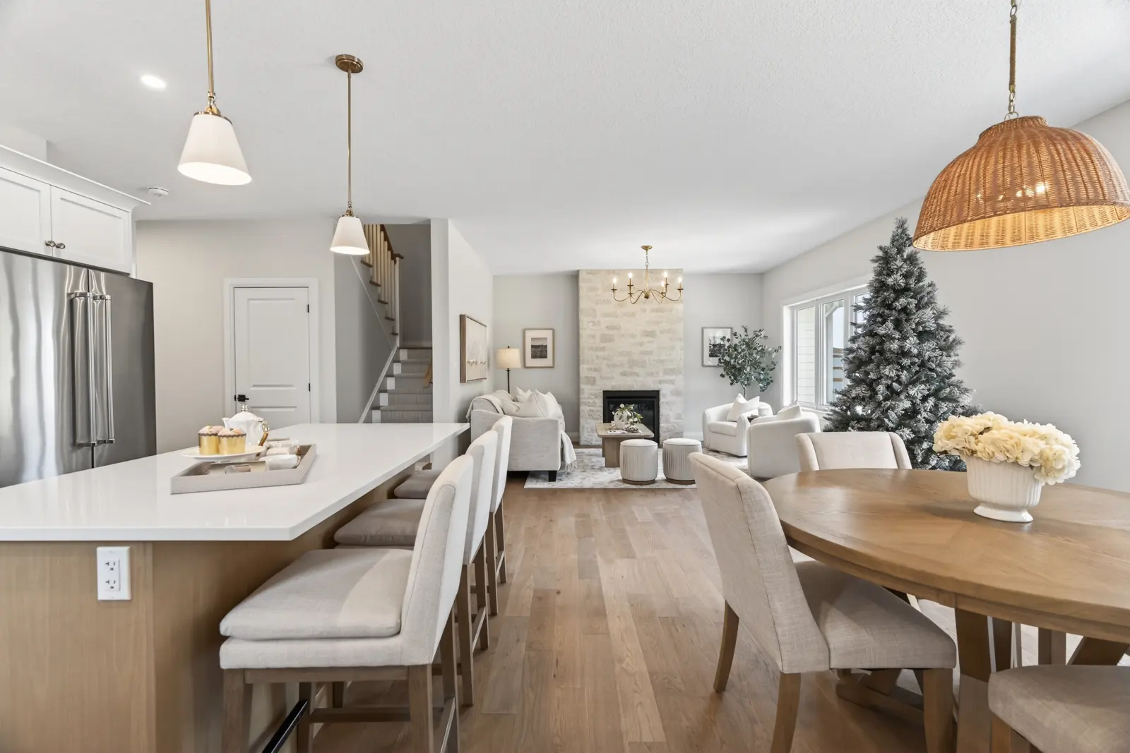 Model home: kitchen island looking into the living room
