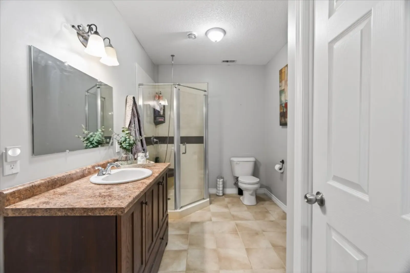 Lower-level bathroom with a glass shower