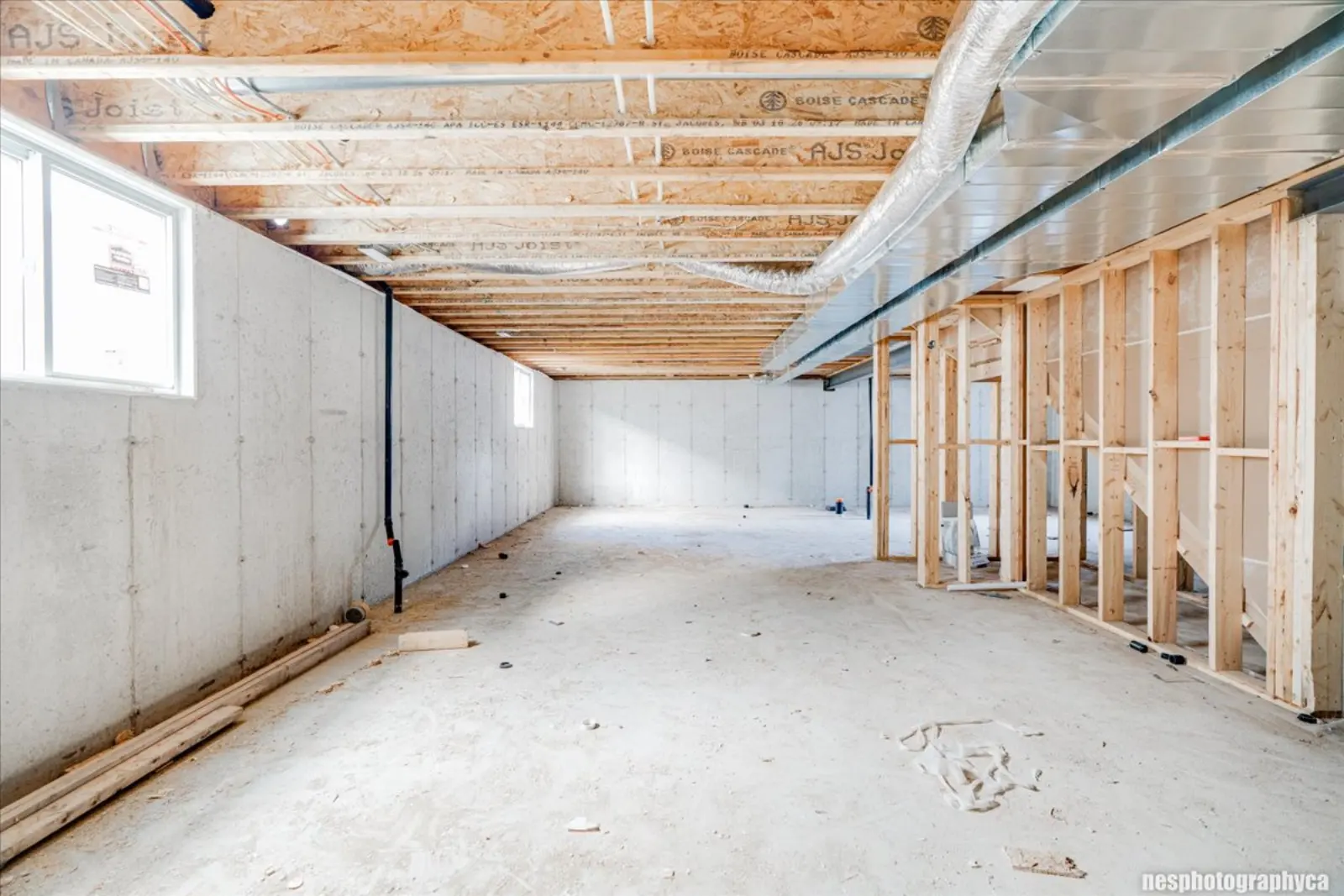 Unfinished basement with framing