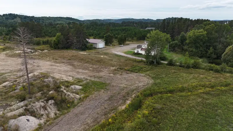 The land from the air: cleared ground, rock outcrops and a tree line