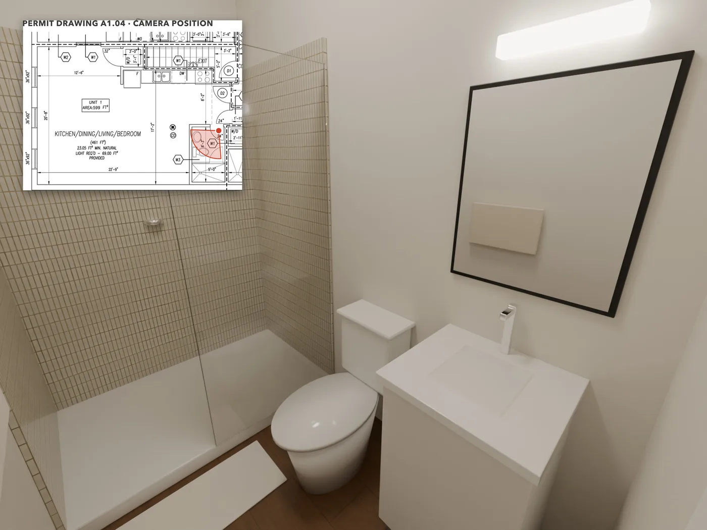 The bathroom: Its own bathroom: sink and toilet along one wall, and a 5-foot shower across the end.