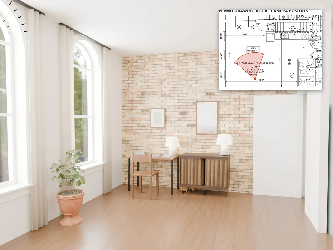 The brick wall: The building’s original brick wall, left exposed, with a desk and dresser along it and the laundry closet at the end.