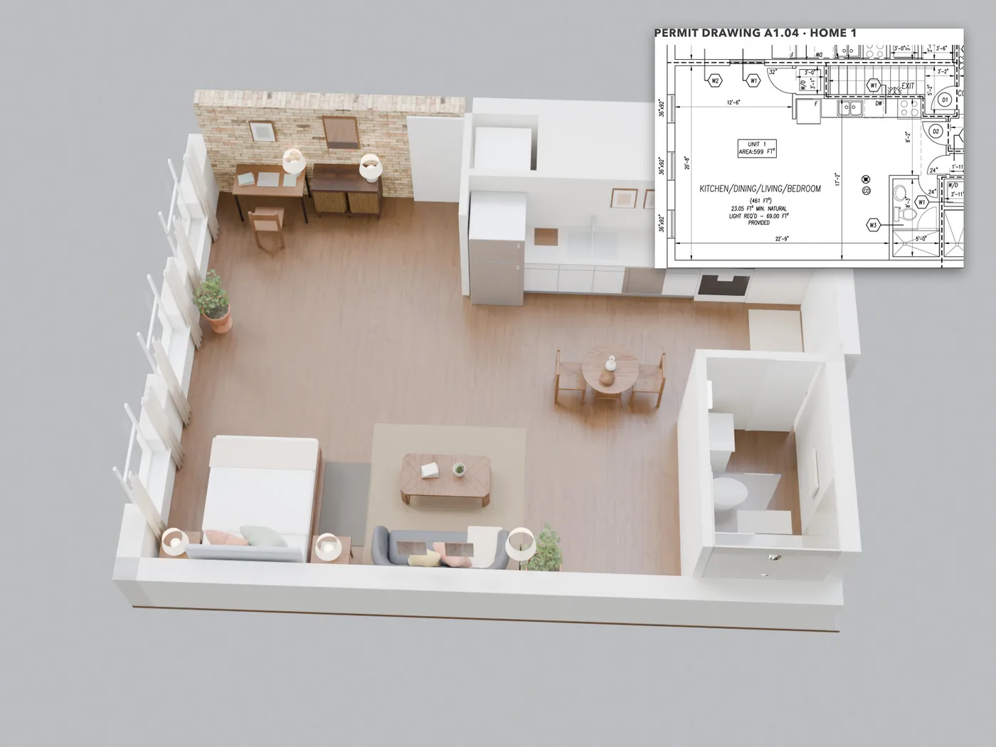 The whole home, roof off: Every wall, window and door where the permit drawings put them. The small plan in the corner of each picture shows where the camera stands.