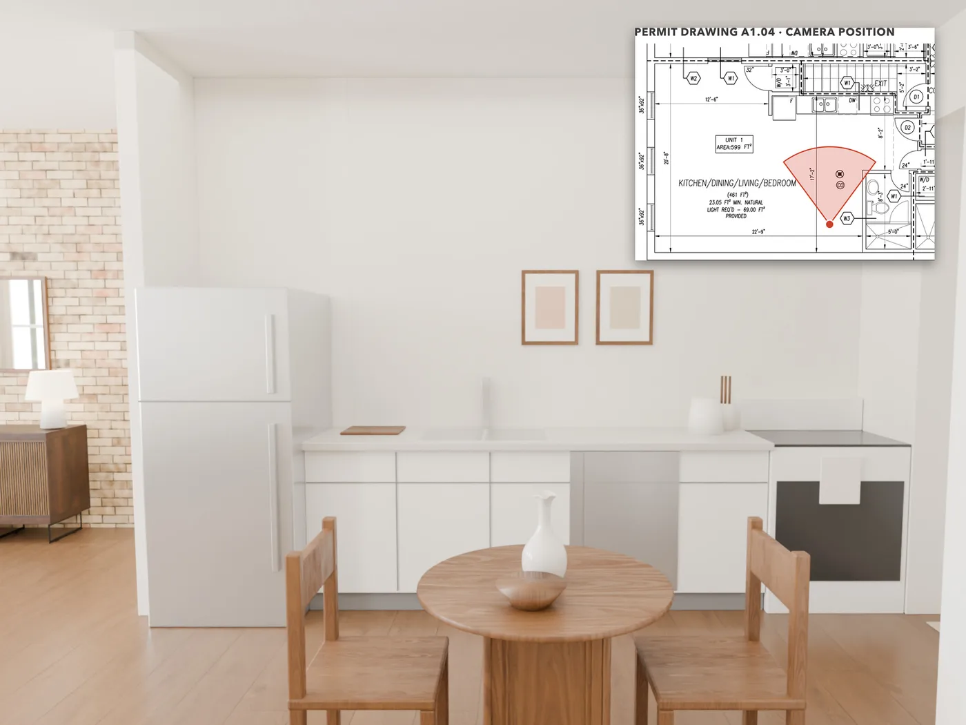 The kitchen: A fully-equipped kitchen: fridge, double sink, dishwasher and range in one run, and a table for two.