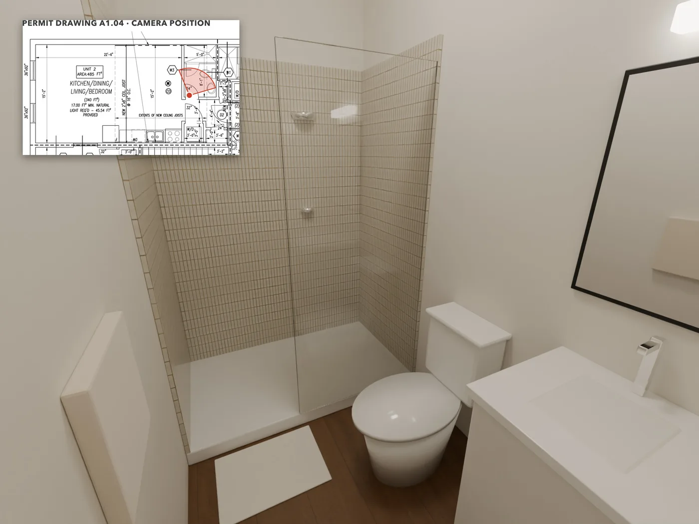 The bathroom: Its own bathroom: sink and toilet along one wall, and a 5-foot shower across the end.