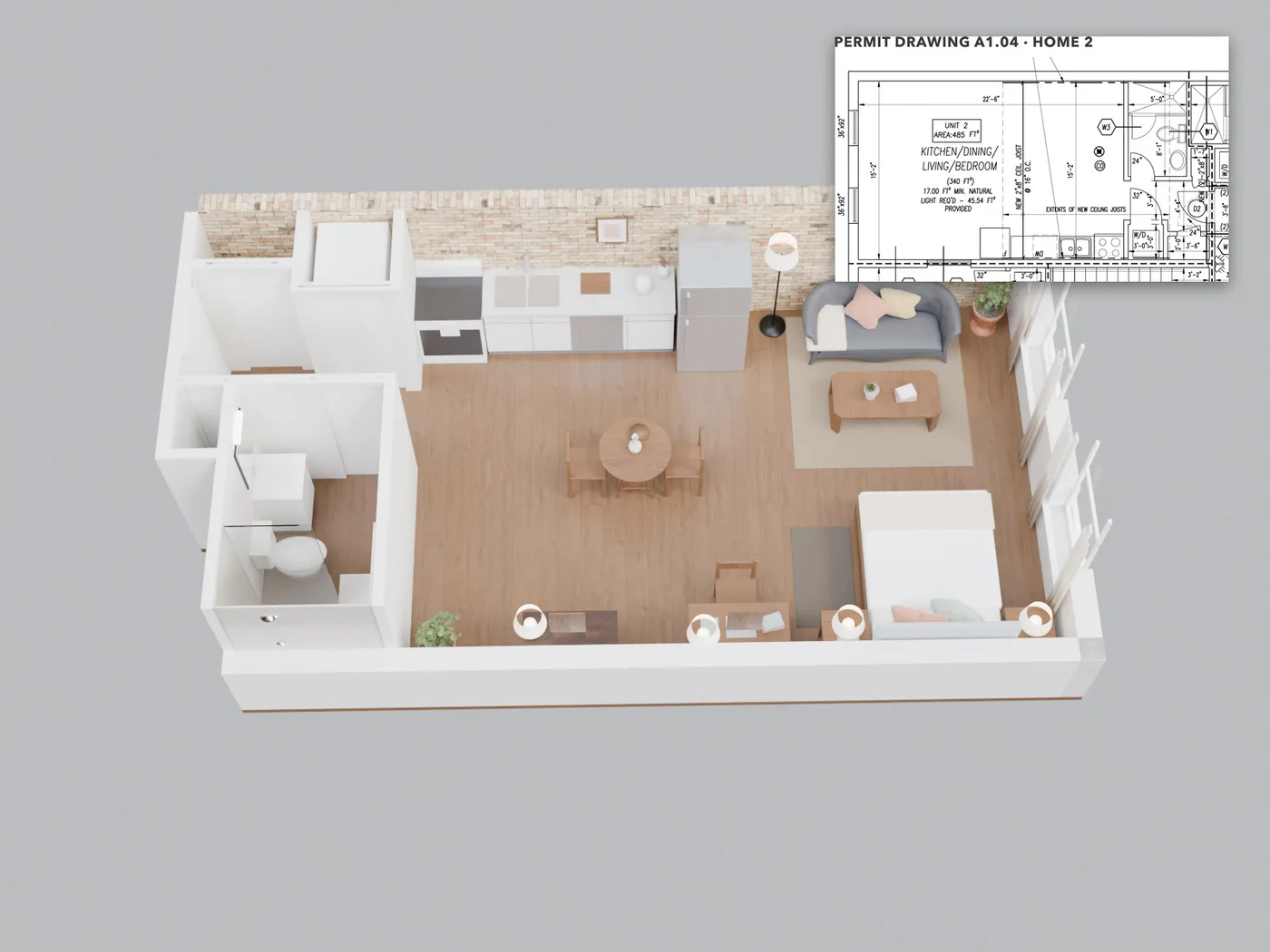 The whole home, roof off: Every wall, window and door where the permit drawings put them. The small plan in the corner of each picture shows where the camera stands.