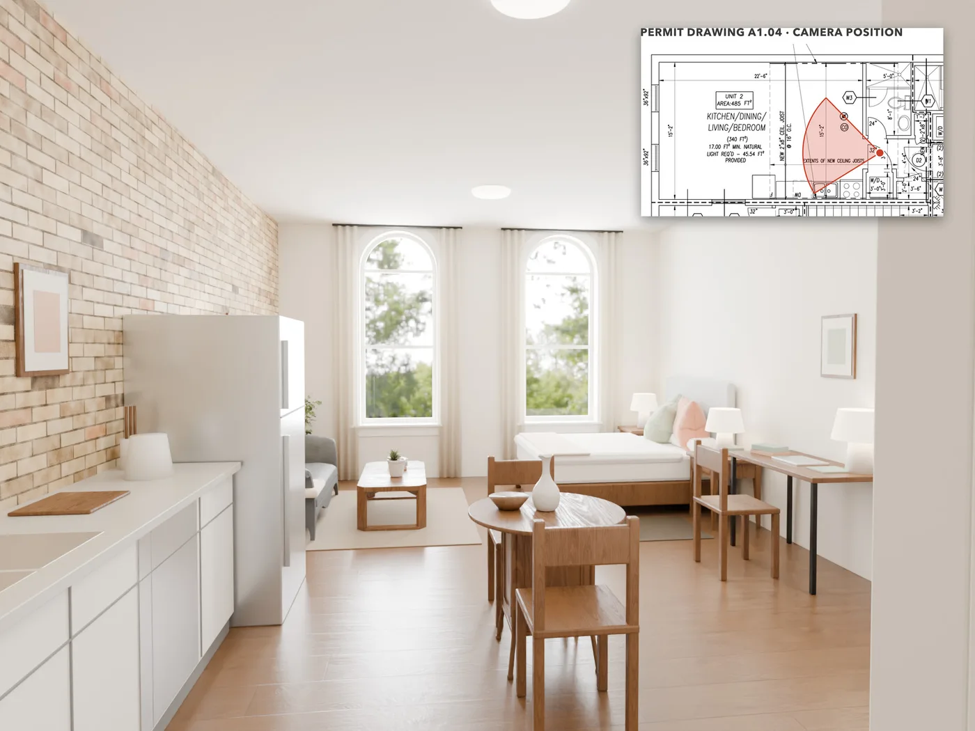 Walking in: From the front door: the kitchen on the left, living and sleeping beside the building's two arched windows.