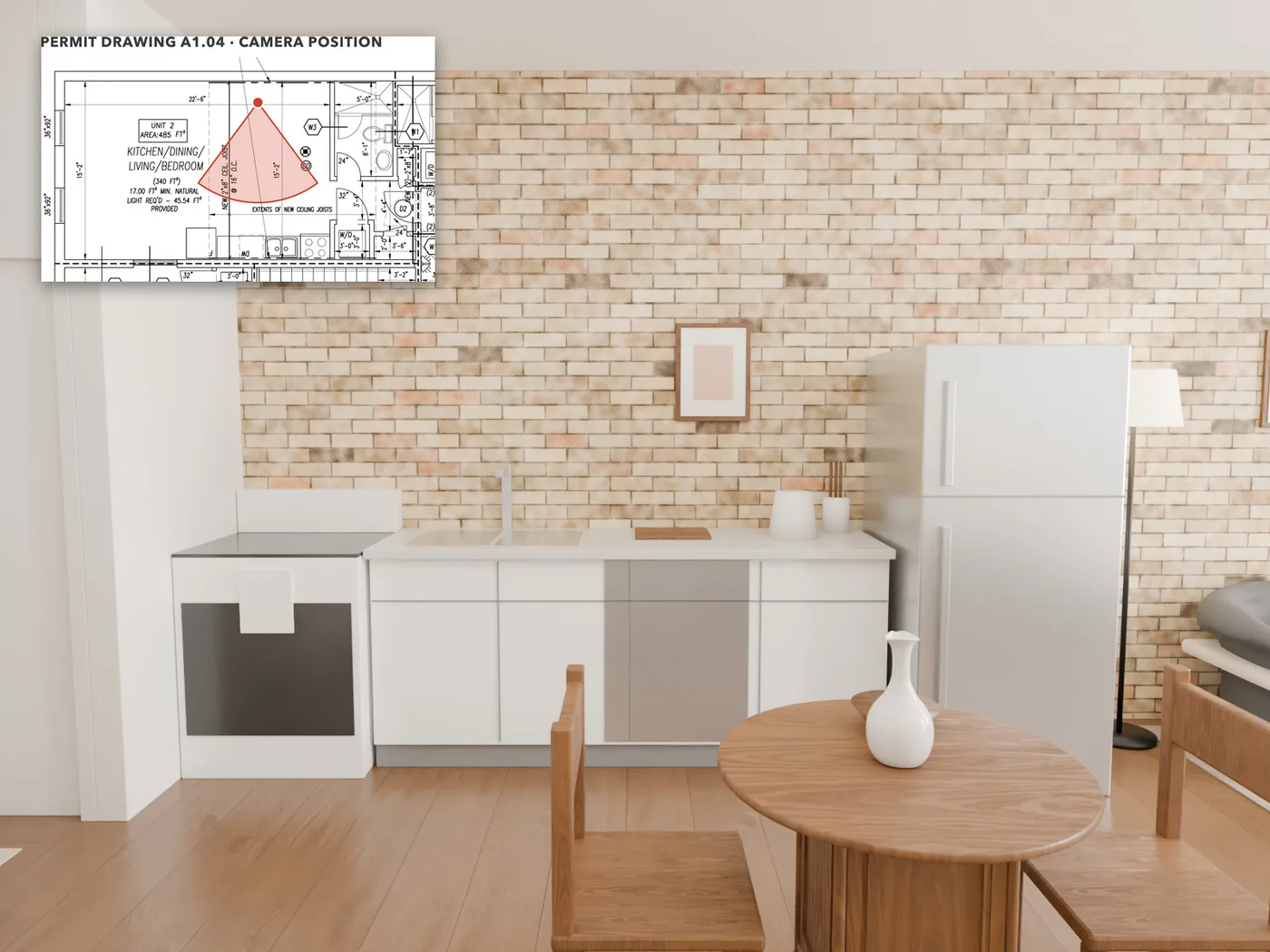 The kitchen: A fully-equipped kitchen: fridge, dishwasher, double sink and range in one run, and a table for two.