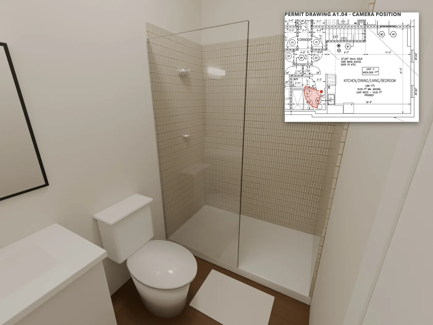 The bathroom: Its own bathroom: a shower stall at one end, and the toilet and sink along the outside wall.