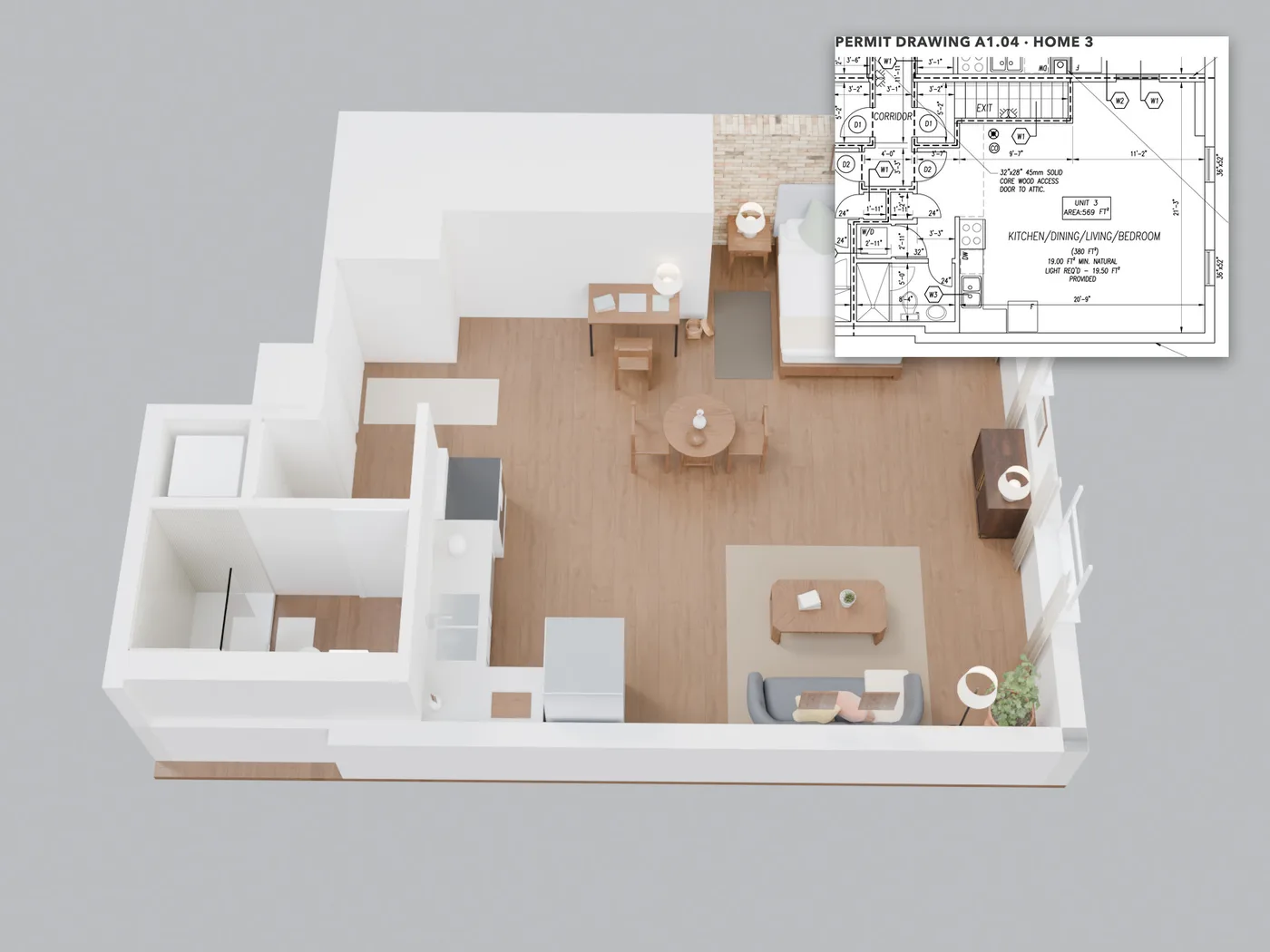 The whole home, roof off: Every wall, window and door where the permit drawings put them. The small plan in the corner of each picture shows where the camera stands.