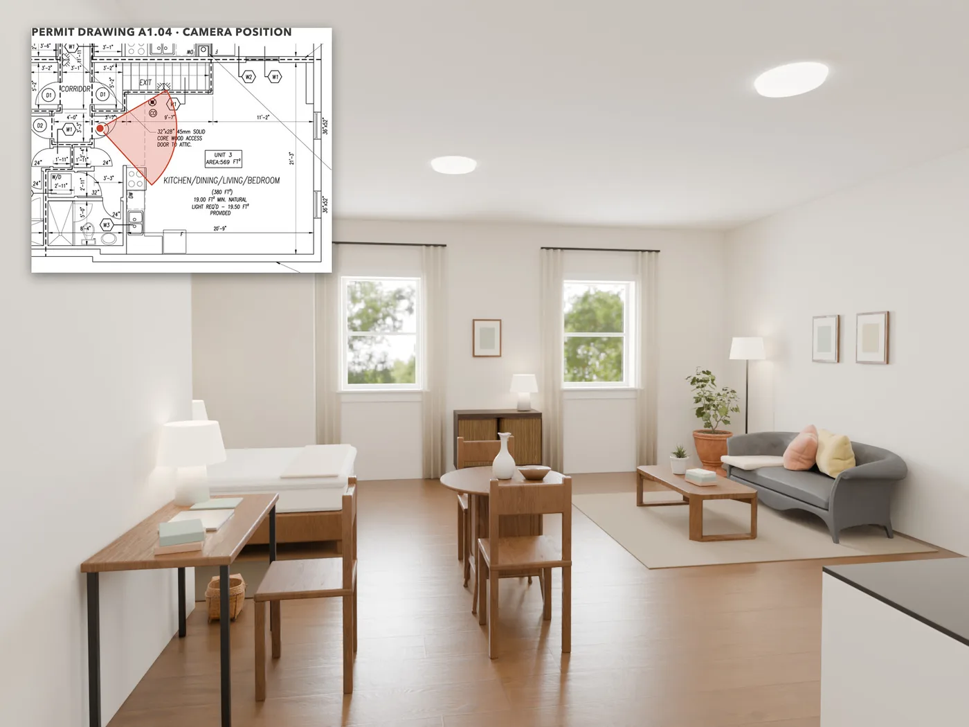 Walking in: From the front door: the kitchen just to the right, and the room opening out to the two rear windows.