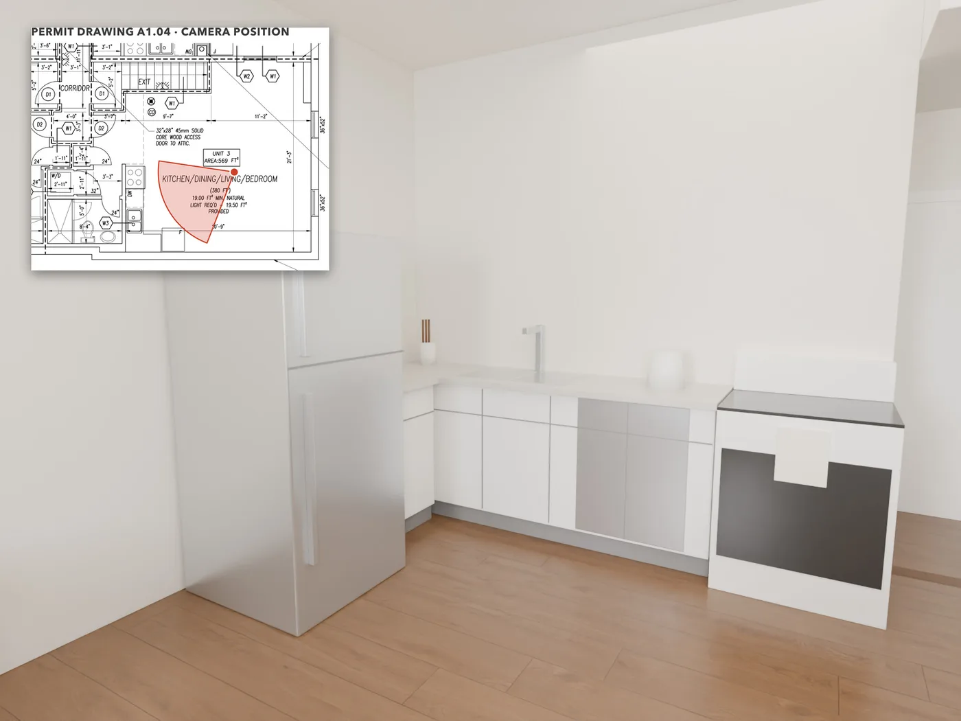 The kitchen: An L-shaped kitchen: range, dishwasher and double sink in one run, the fridge beside it on the outside wall, and a table for two.