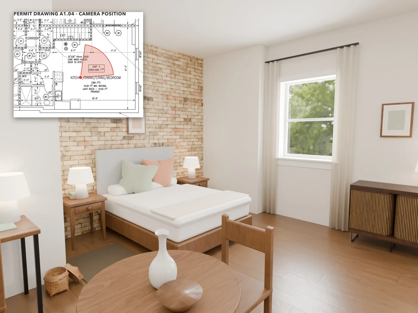 The sleeping area: A double bed with a lamp on each side, against the exposed brick party wall, beside one of the two rear windows.