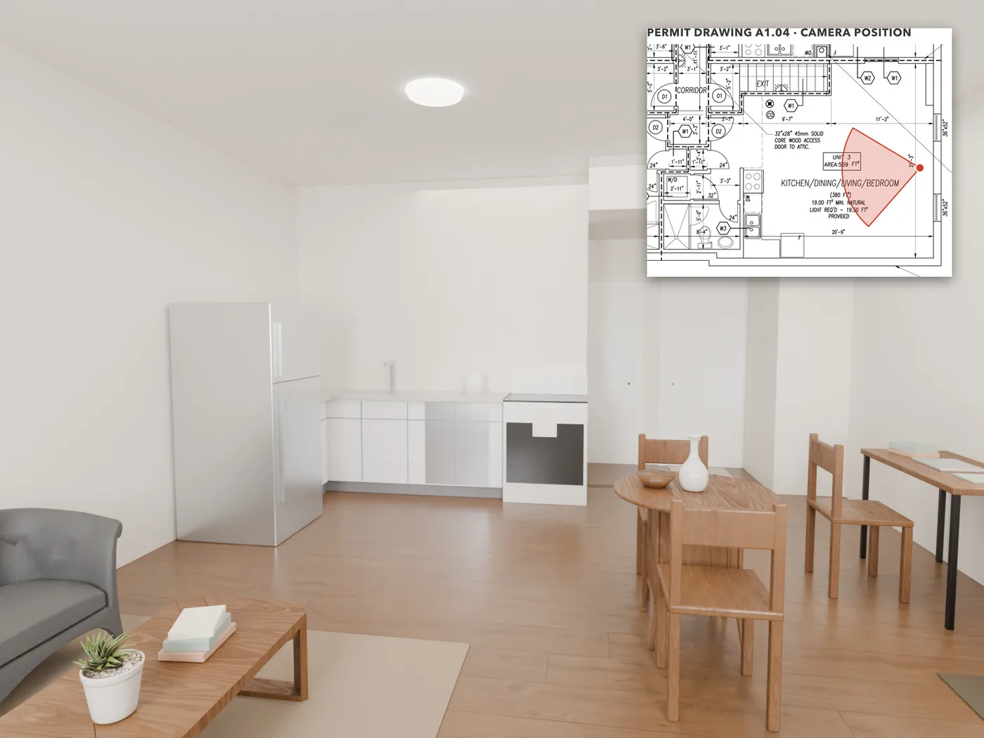 Looking back from the windows: The L-shaped kitchen along the washroom wall, with the fridge on the outside wall, and the entry beyond.