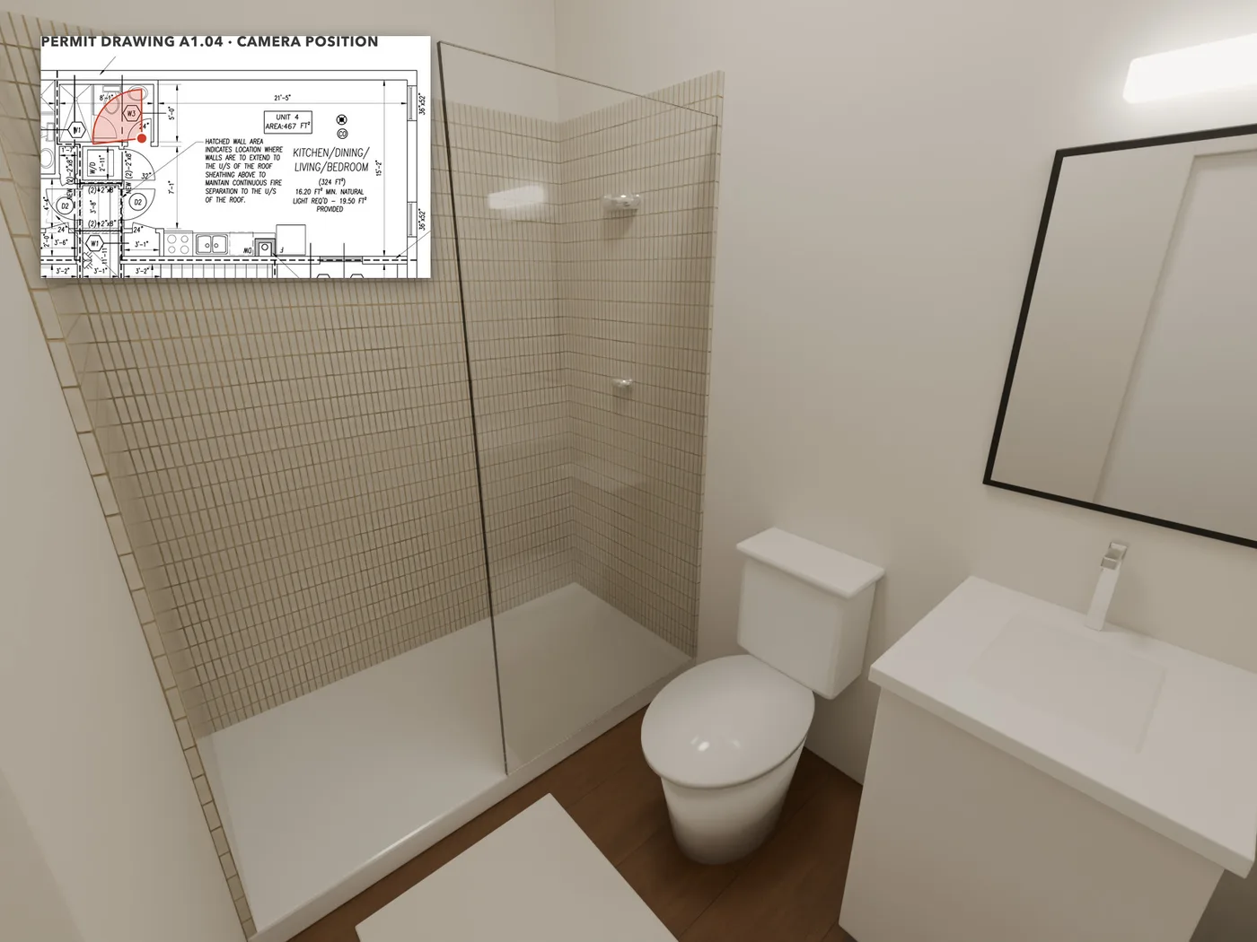 The bathroom: Its own bathroom: a shower across the end, the toilet in the middle and the sink beside the door.