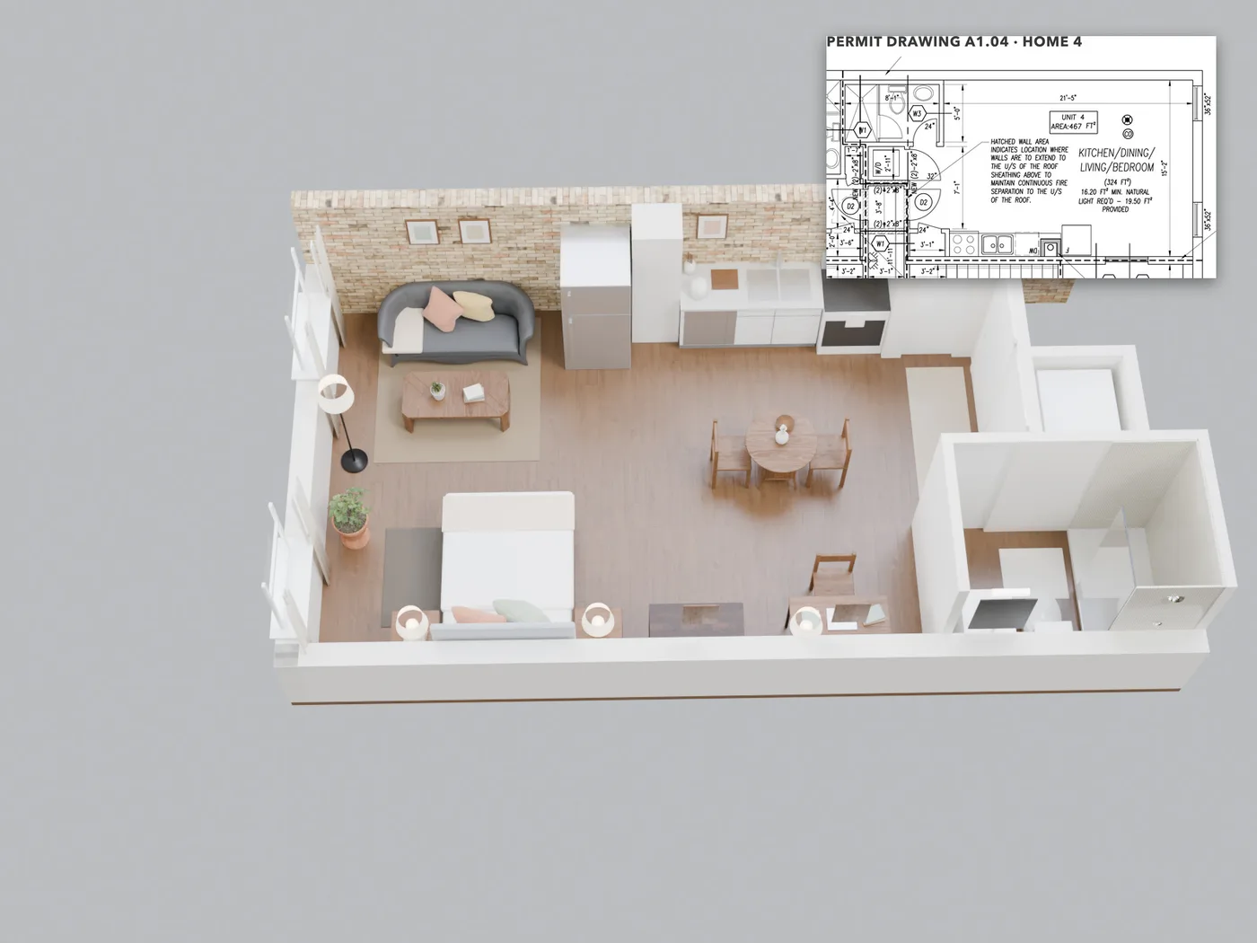 The whole home, roof off: Every wall, window and door where the permit drawings put them. The small plan in the corner of each picture shows where the camera stands.