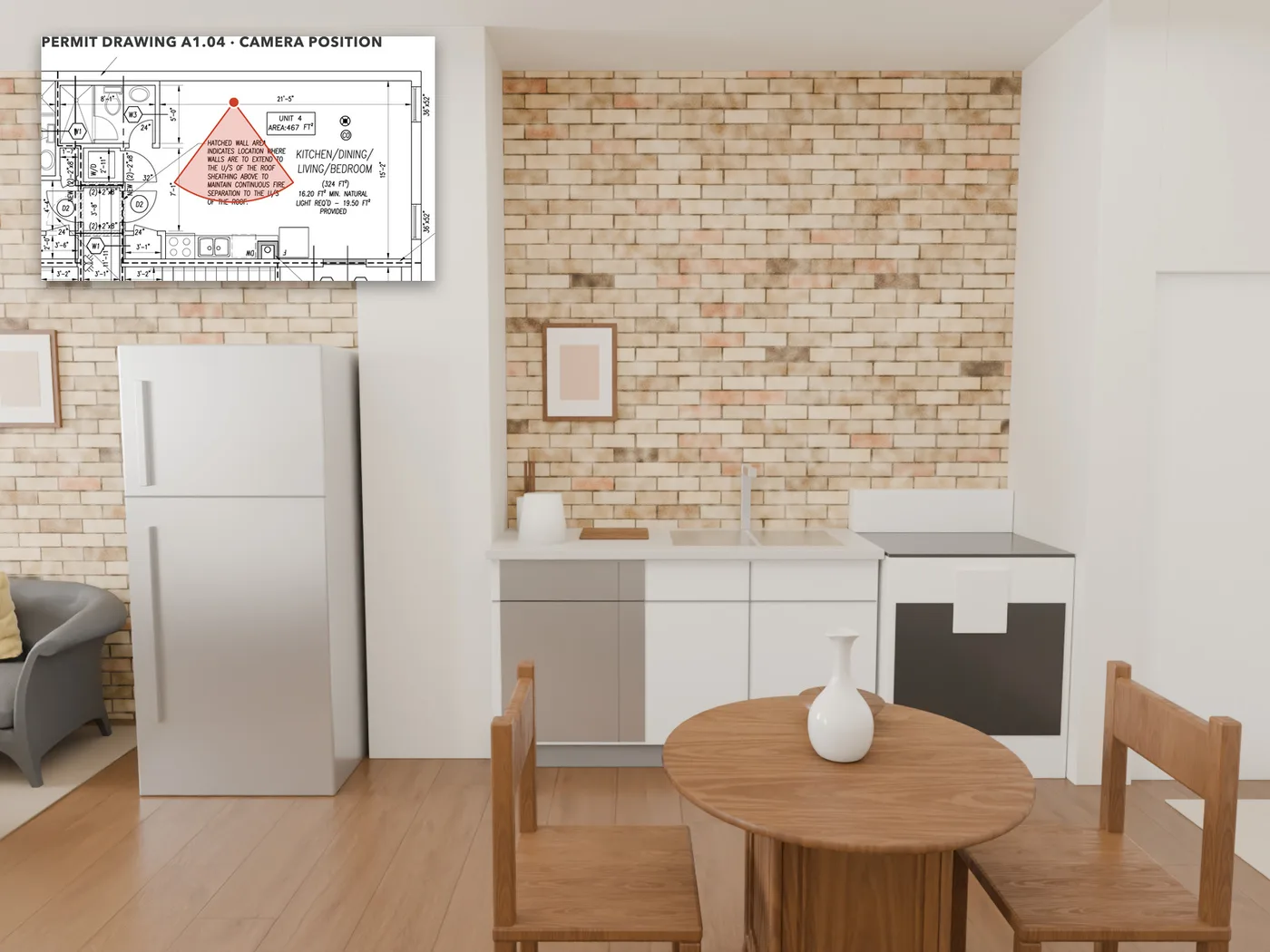 The kitchen: A fully-equipped kitchen: range, double sink, dishwasher and fridge in one run, with a small drywall shaft box before the fridge, and a table for two.