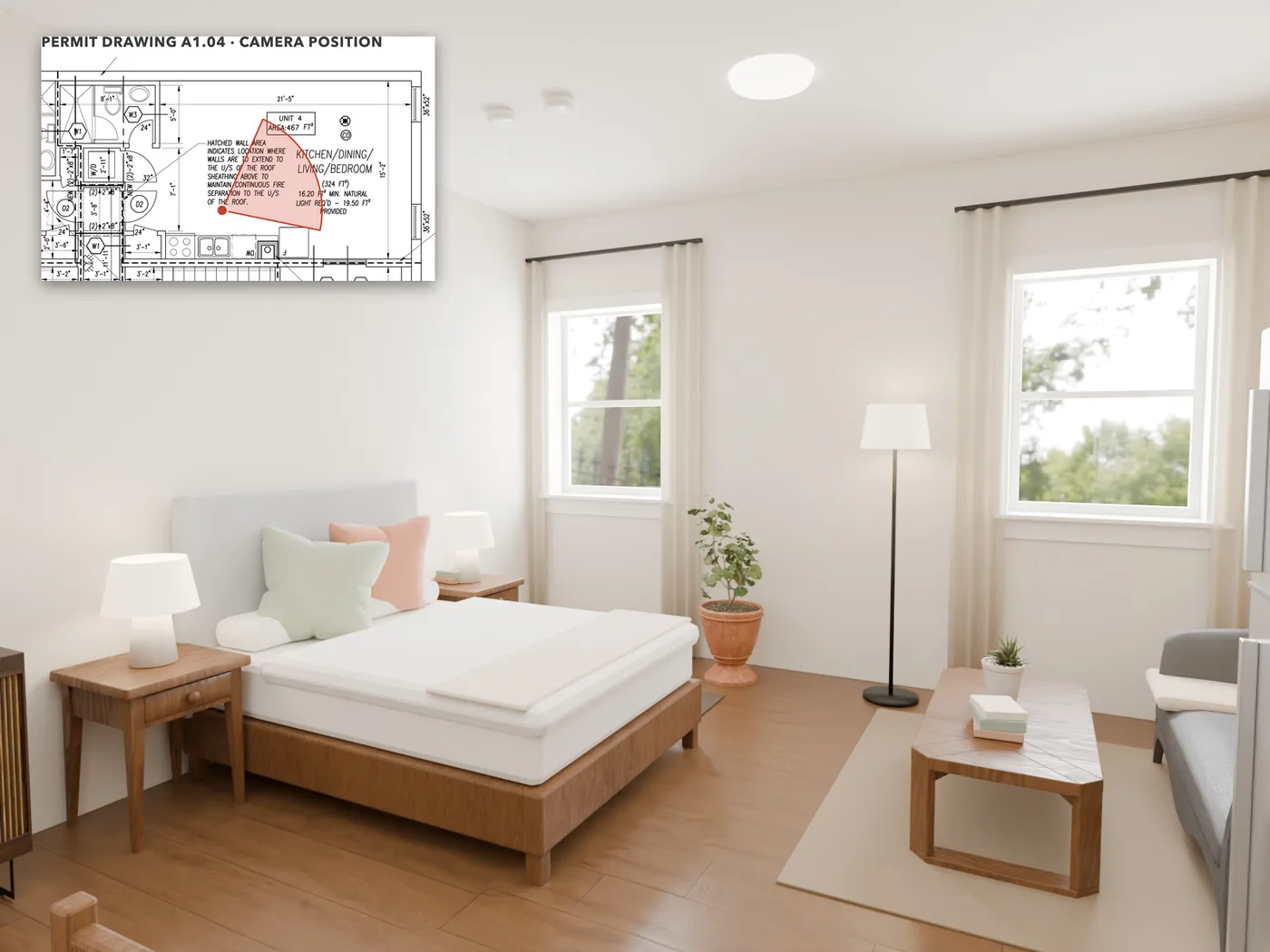 The sleeping area: A double bed with a lamp on each side, near the two rectangular rear windows.