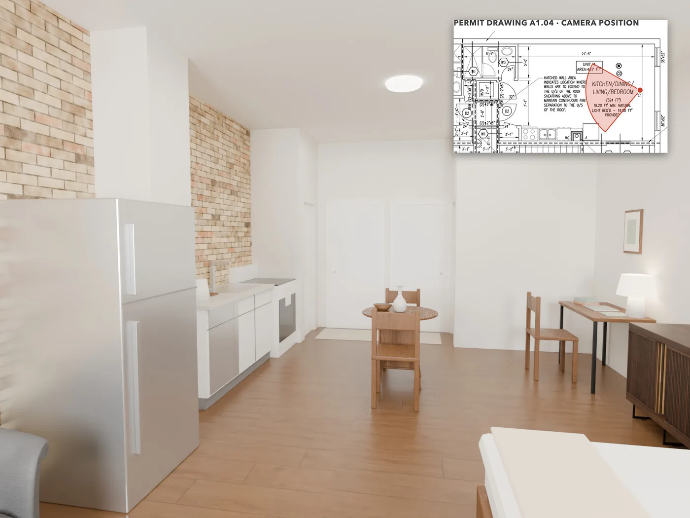 Looking back from the windows: The kitchen run along the party wall, and the entry hall with the bathroom and laundry beside it.