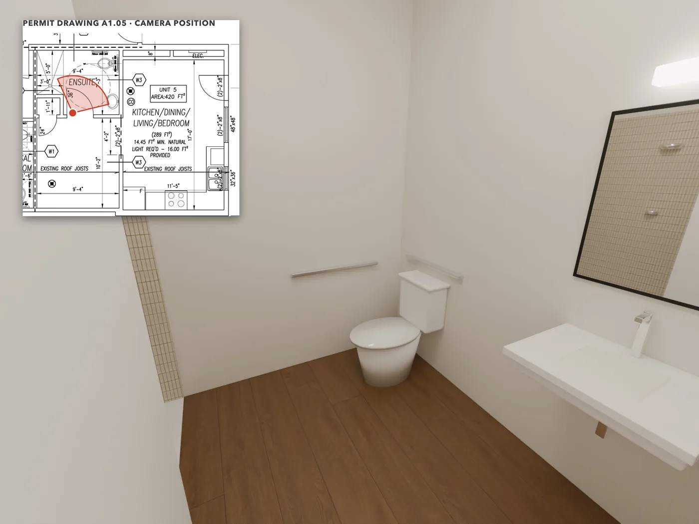 The ensuite: Seen from the 36" door: the toilet with its 760 mm and 600 mm grab bars, and the sink; the 3'-0" x 5'-0" shower is just to the left.