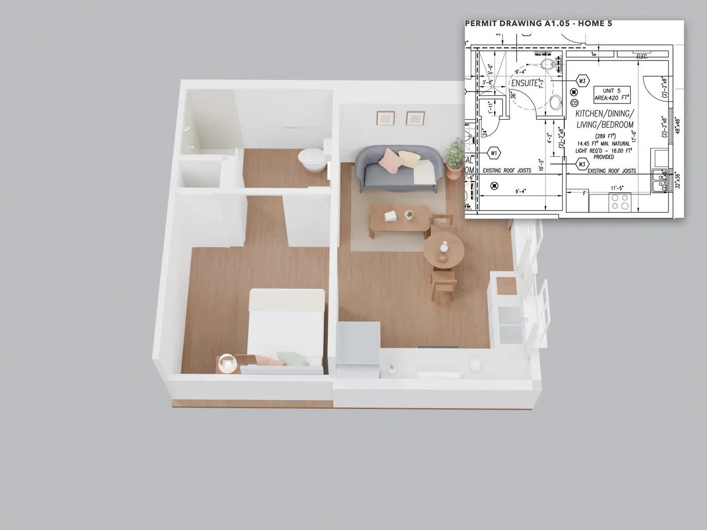 The whole home, roof off: Every wall, window and door where the permit drawings put them. The small plan in the corner of each picture shows where the camera stands.