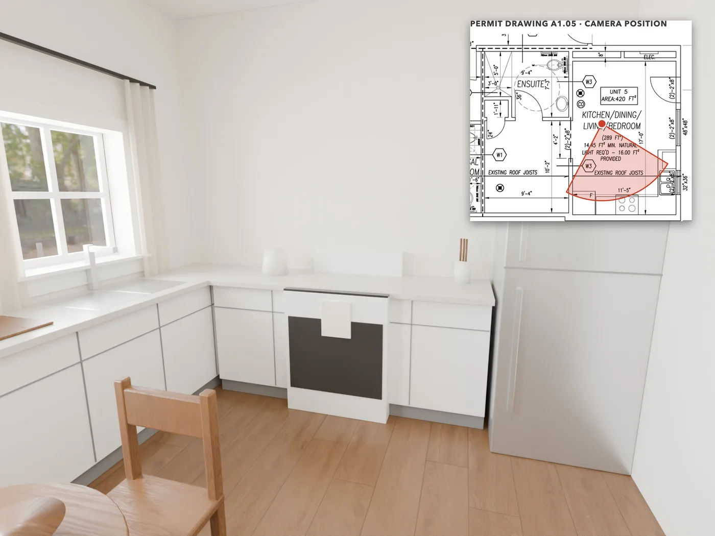 The kitchen: An L-shaped kitchen: double sink under the 32" x 36" window, range and fridge along the side wall, and a table for two.