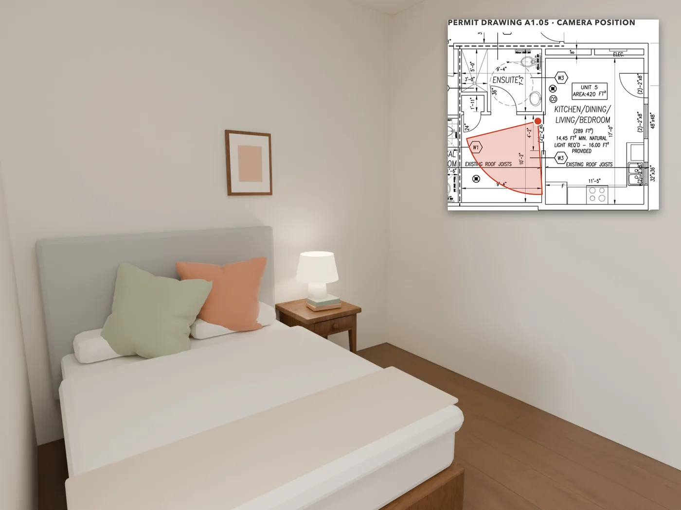The second room: The 9'-4" x 10'-2" second room, shown as a bedroom with a double bed; the ensuite door opens off it.