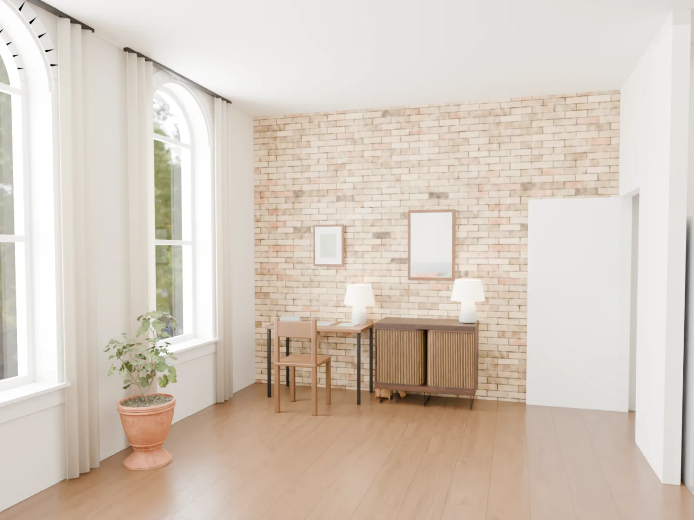 The same room as Home 1: the arched windows, the brick wall left exposed, a desk and lamps against it