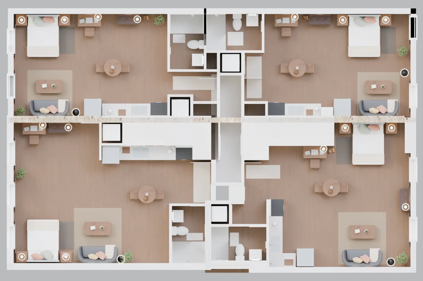 The second floor from above: four homes around a central corridor